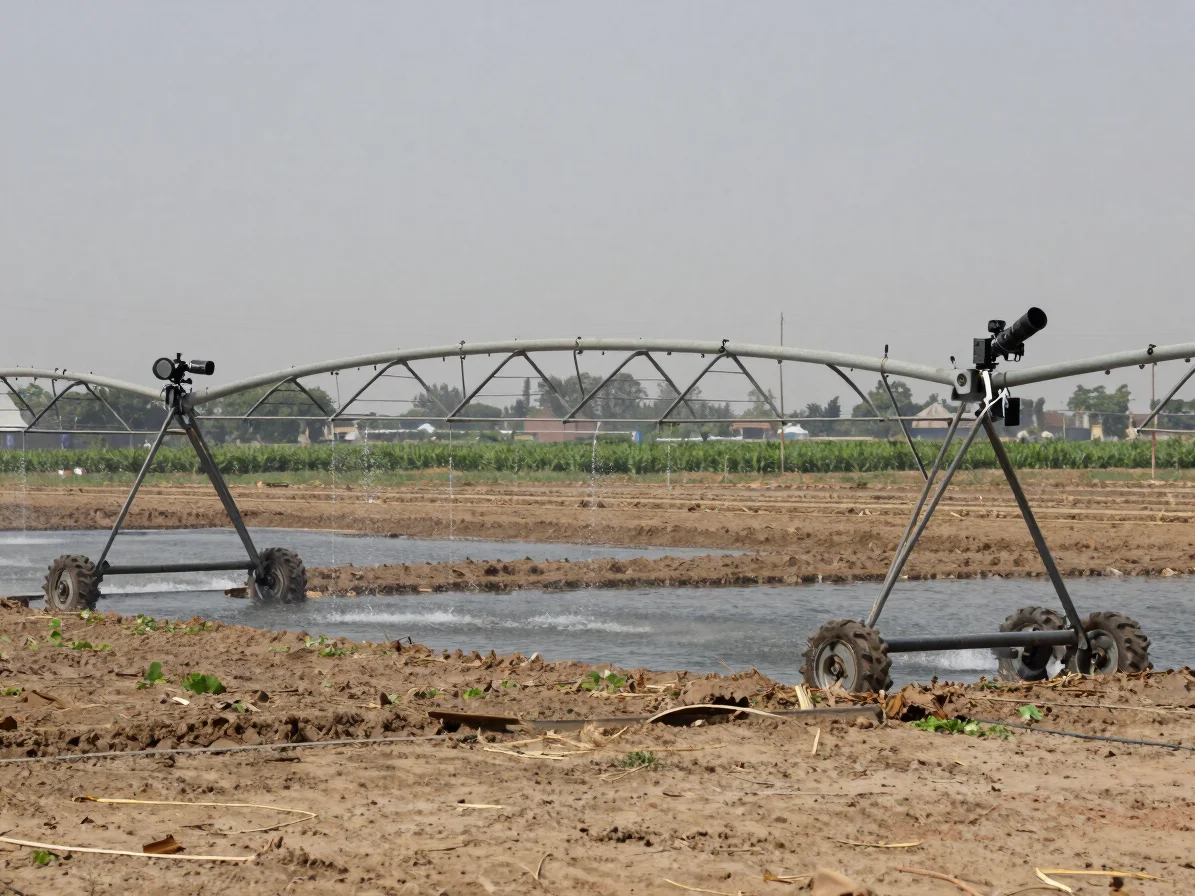 Close documentary view of irrigation hardware and water flow acro
